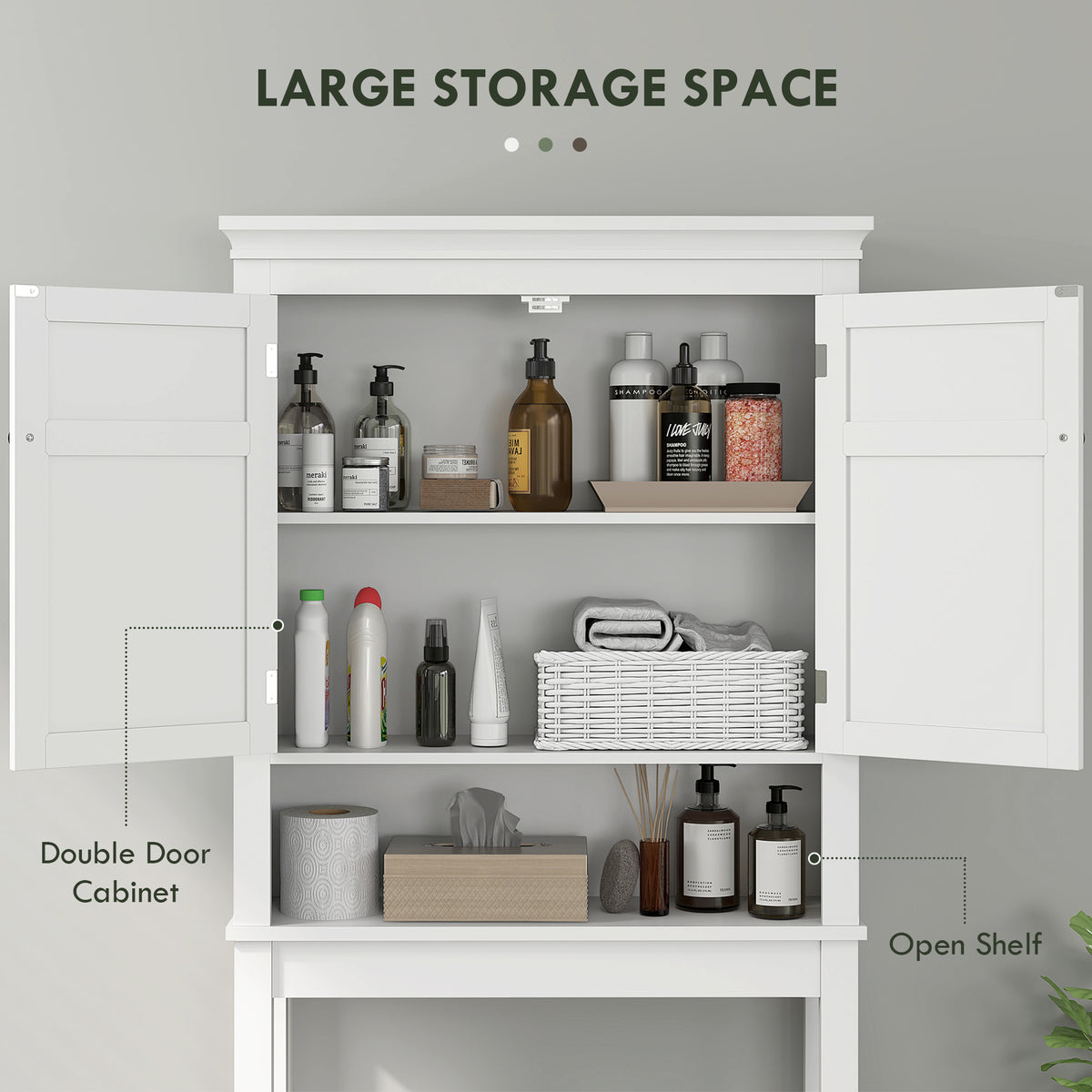 HOMCOM white storage cabinet with open double doors, two interior shelves and a lower open shelf
