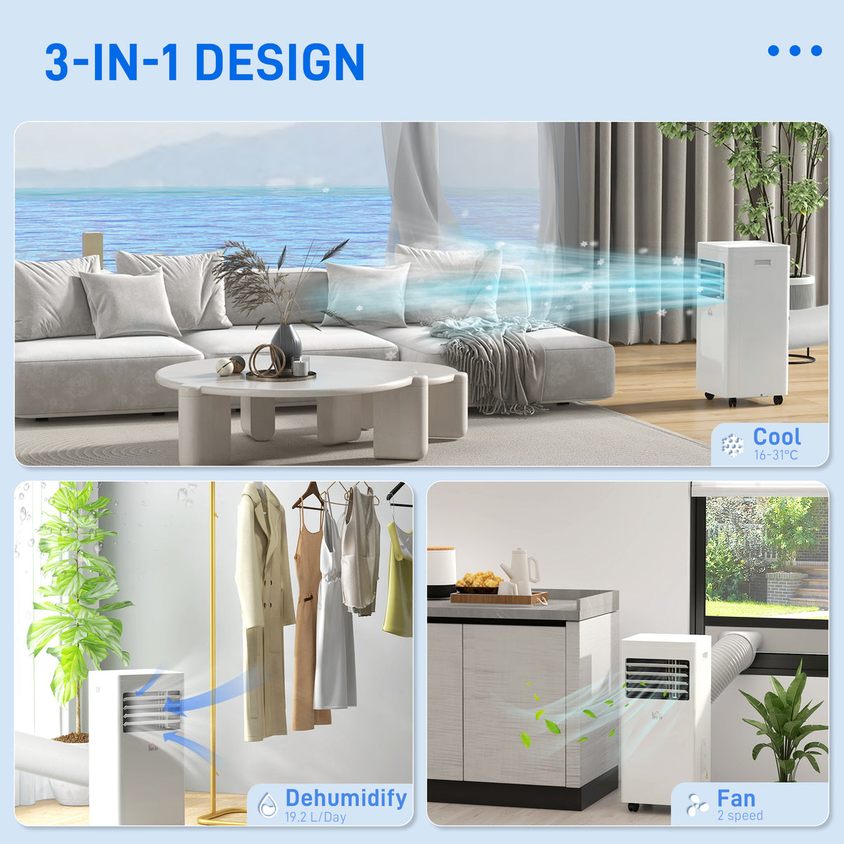 HOMCOM portable air conditioner shown cooling, dehumidifying, and circulating air