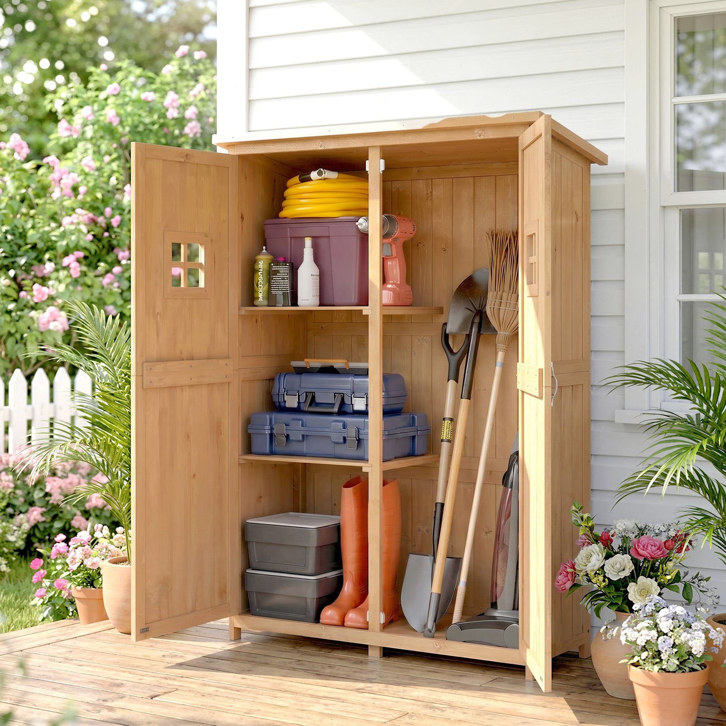 Outsunny Wooden Garden Shed with Two Windows, Tool Storage Cabinet, Outdoor Double Door Organizer 127.5L x 50W x 164H cm, Natural