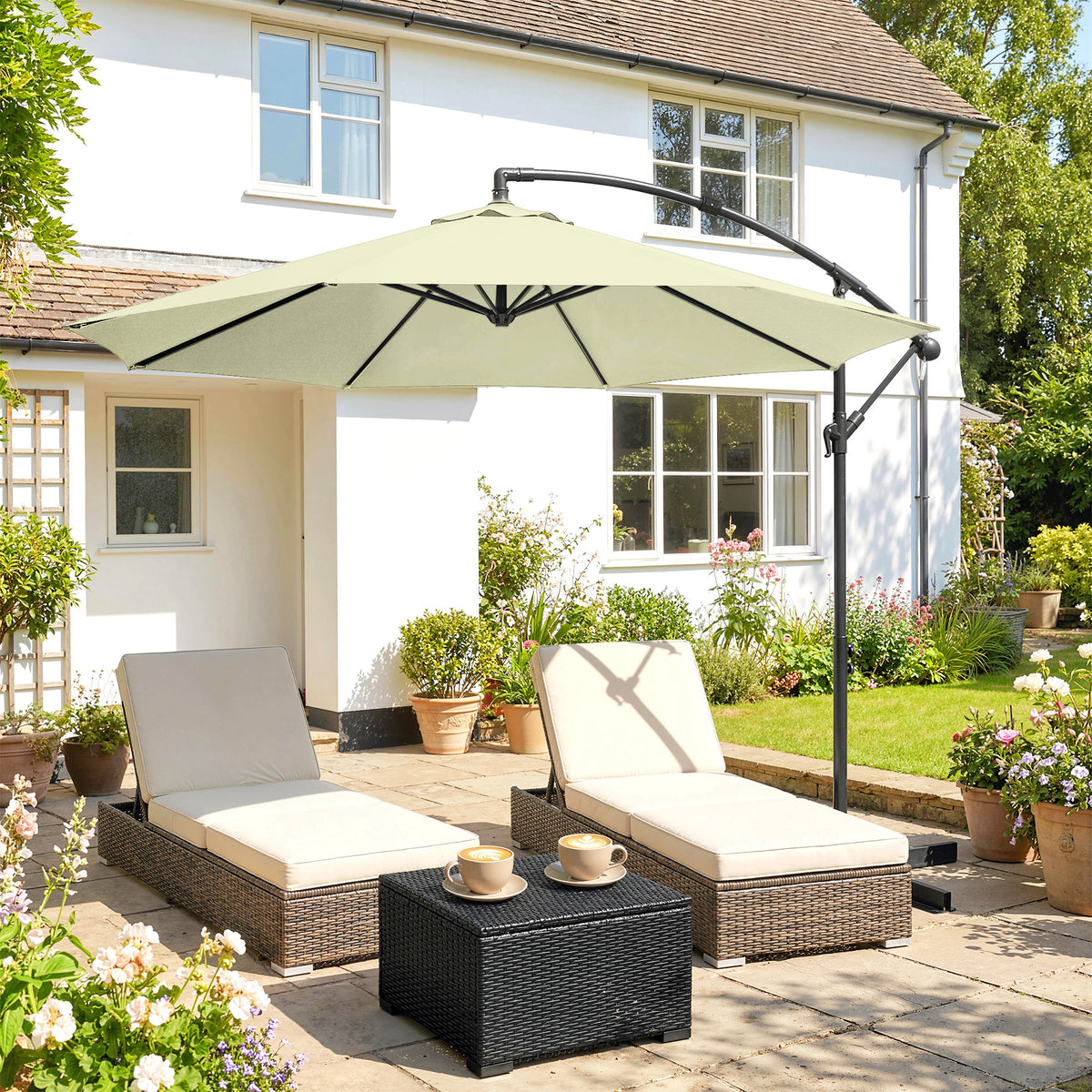 Outsunny 3m Overhanging Cantilever Parasol, with Cross Base - Beige
