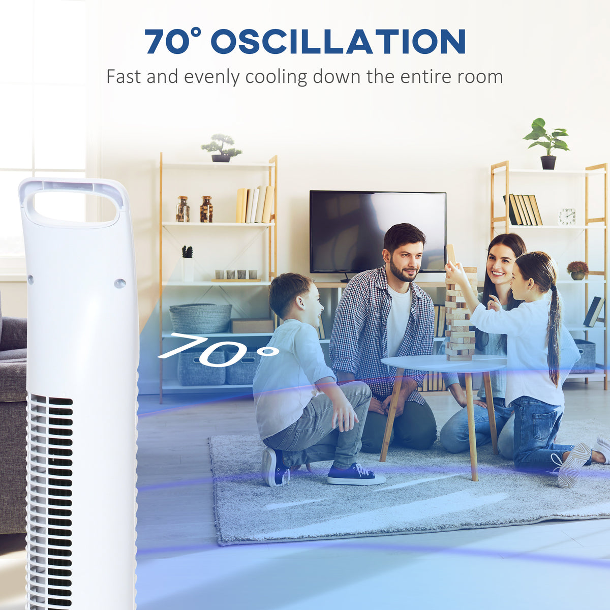 White HOMCOM tower fan with 70-degree oscillation