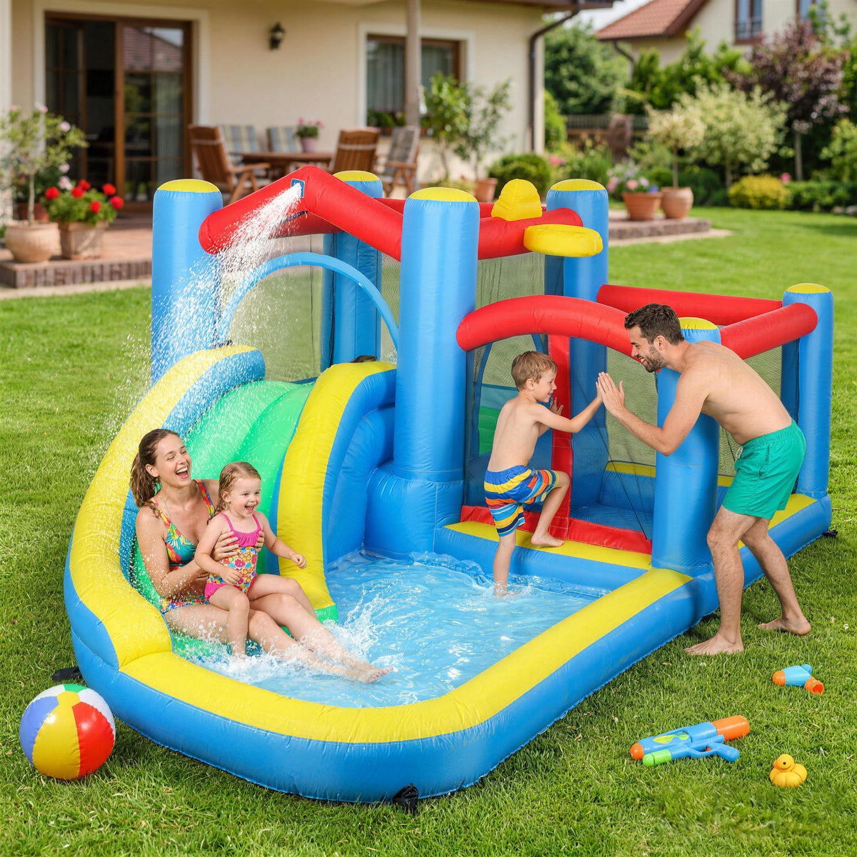 AIYAPLAY Inflatable Bouncy Castle with 550W Blower, Basketball Hoop, Long Slide, Dart Board, Carrying Bag, 385 x 290 x 180 cm