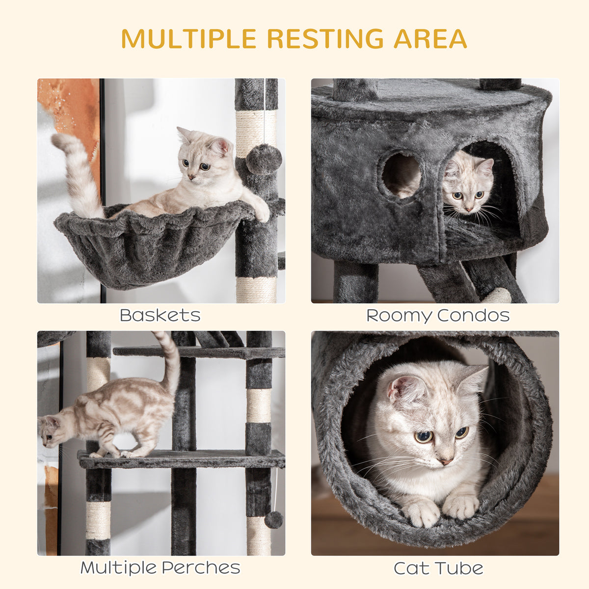 Cat tree resting spots shown with a cat in a basket, condo, perch and tube