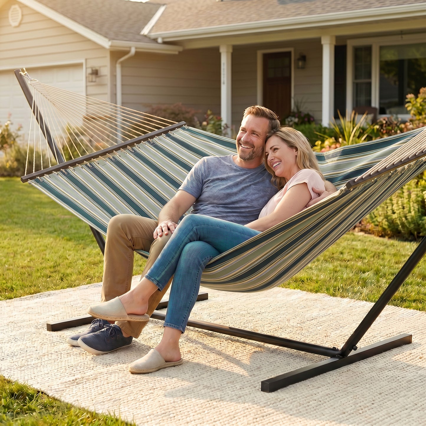 Outsunny Outdoor Hammock with Stand Detachable Pillow Striped Swing Steel Frame, for Garden, Patio, Green