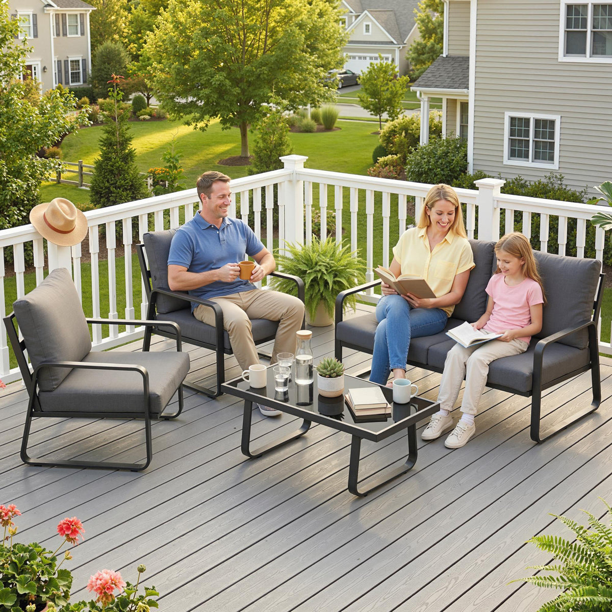 Outsunny 4 Piece Garden Furniture Set, Outdoor Sofa Set with Loveseat, 2 Armchairs, Coffee Table and Cushions