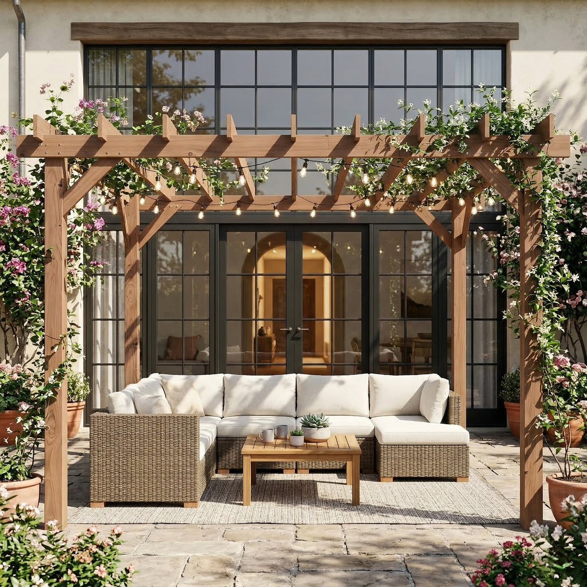 Outsunny 3.6 x 3 m Wooden Pergola Kit, Garden Pergola Gazebo Grape Trellis with Triangle Supports, Maple Wood-effect