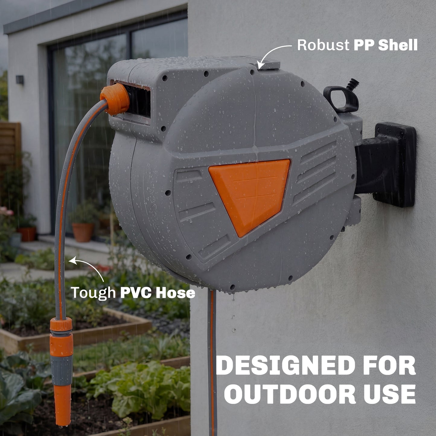 Outsunny Retractable Hose Reel Wall Mounted, 20+1.6m Garden Hose Pipe Reel with Auto Retraction, Self-Locking, Orange