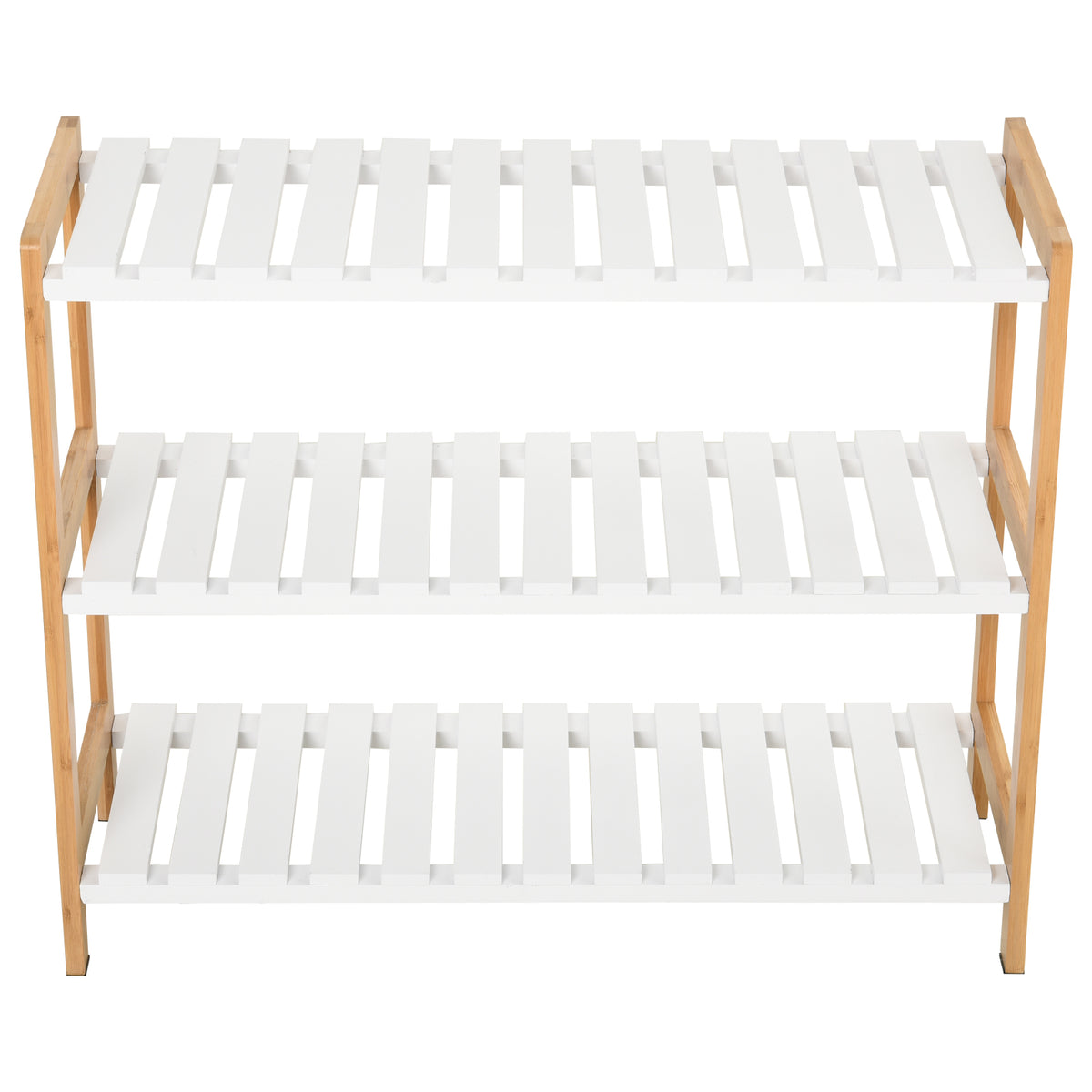 Front view of a three-tier shoe rack with natural wood frame and white slatted shelves.