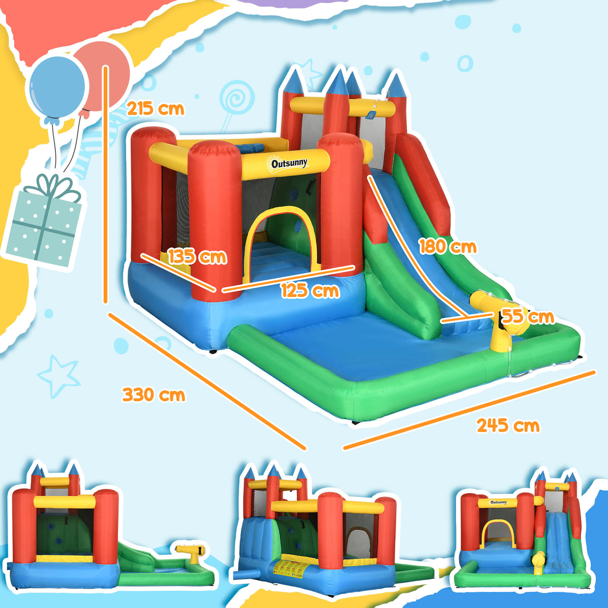 Inflatable bounce house with slide and splash pool, shown with overall and feature dimensions