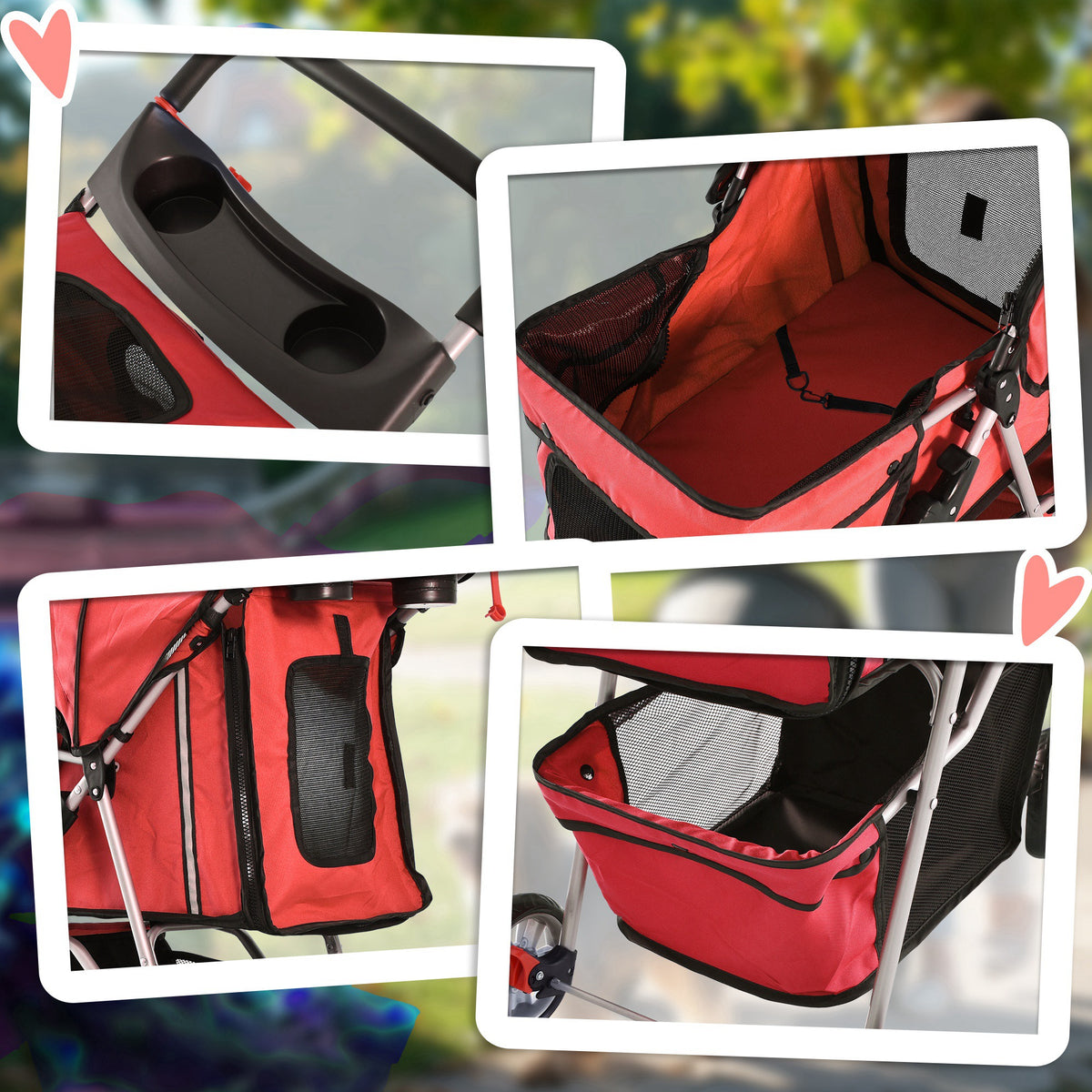 Red pet stroller details showing cup holders, interior tether, mesh window and storage basket