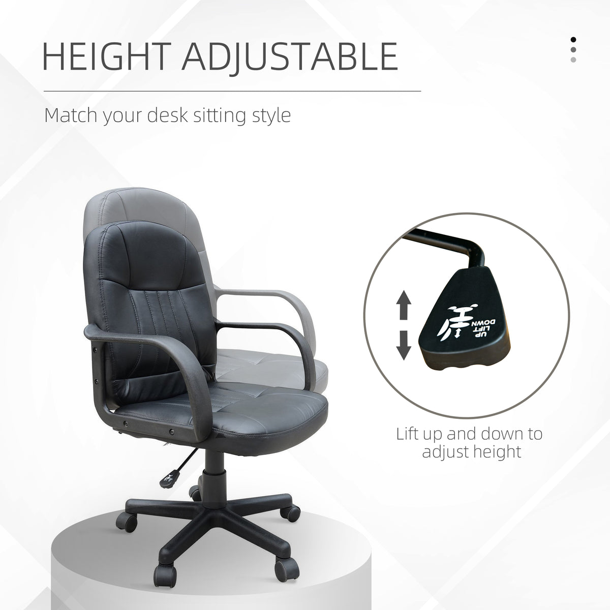 Black adjustable-height office chair with a close-up of its height control lever