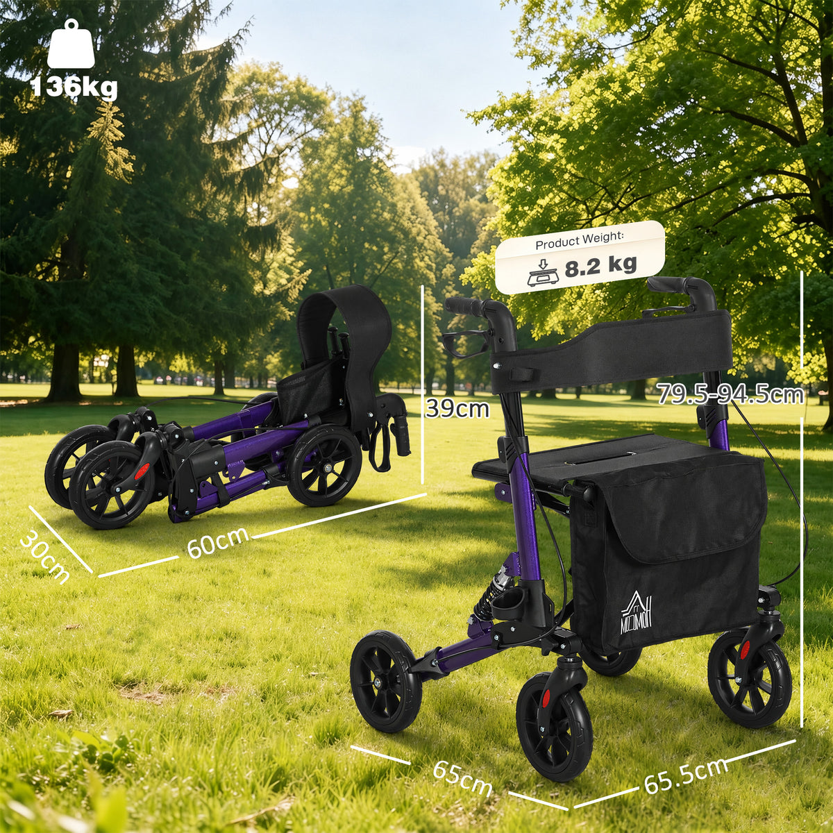 Purple folding rollator walker shown open and folded, with dimensions and weight specifications