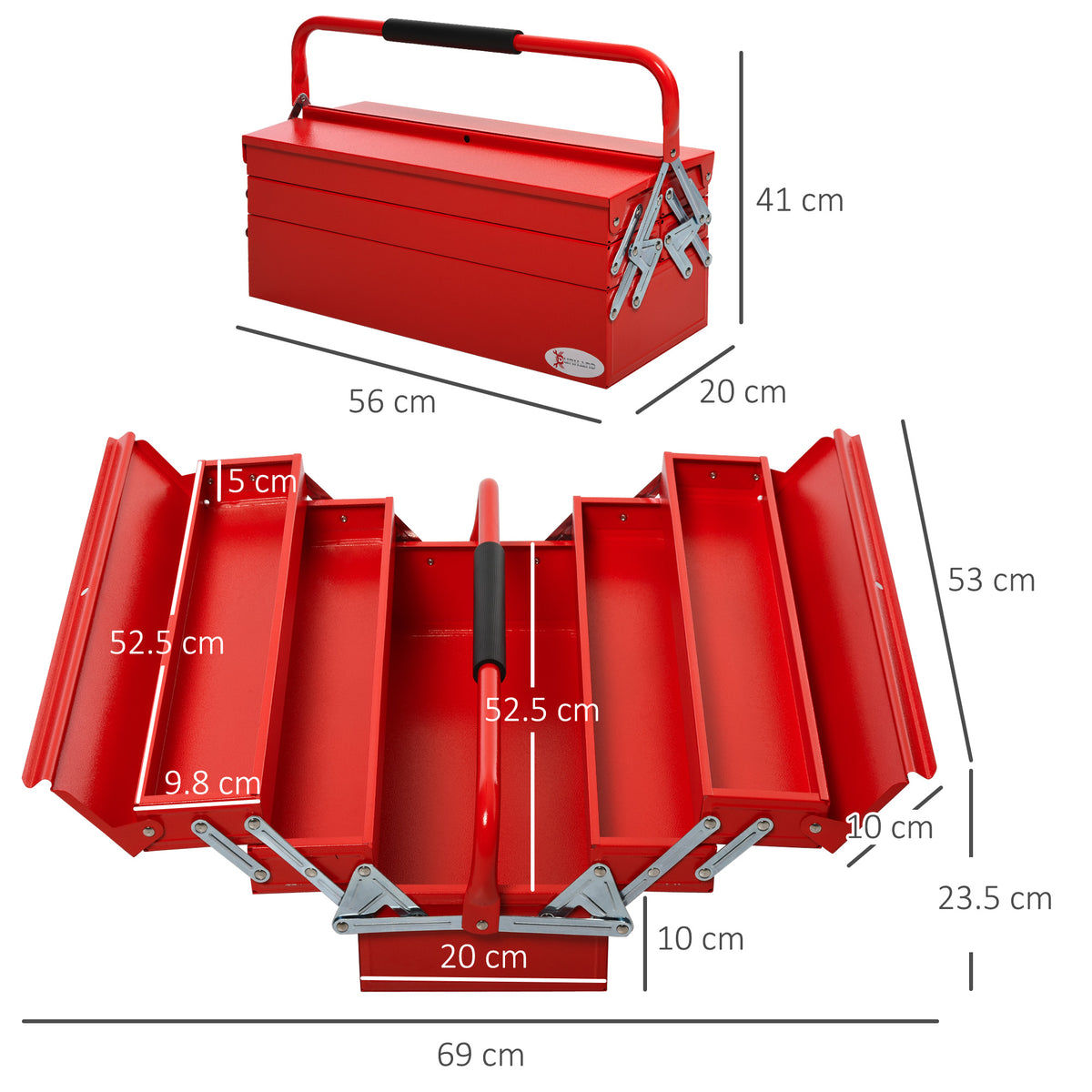 Red DURHAND cantilever toolbox shown closed and open, with five trays and labeled dimensions