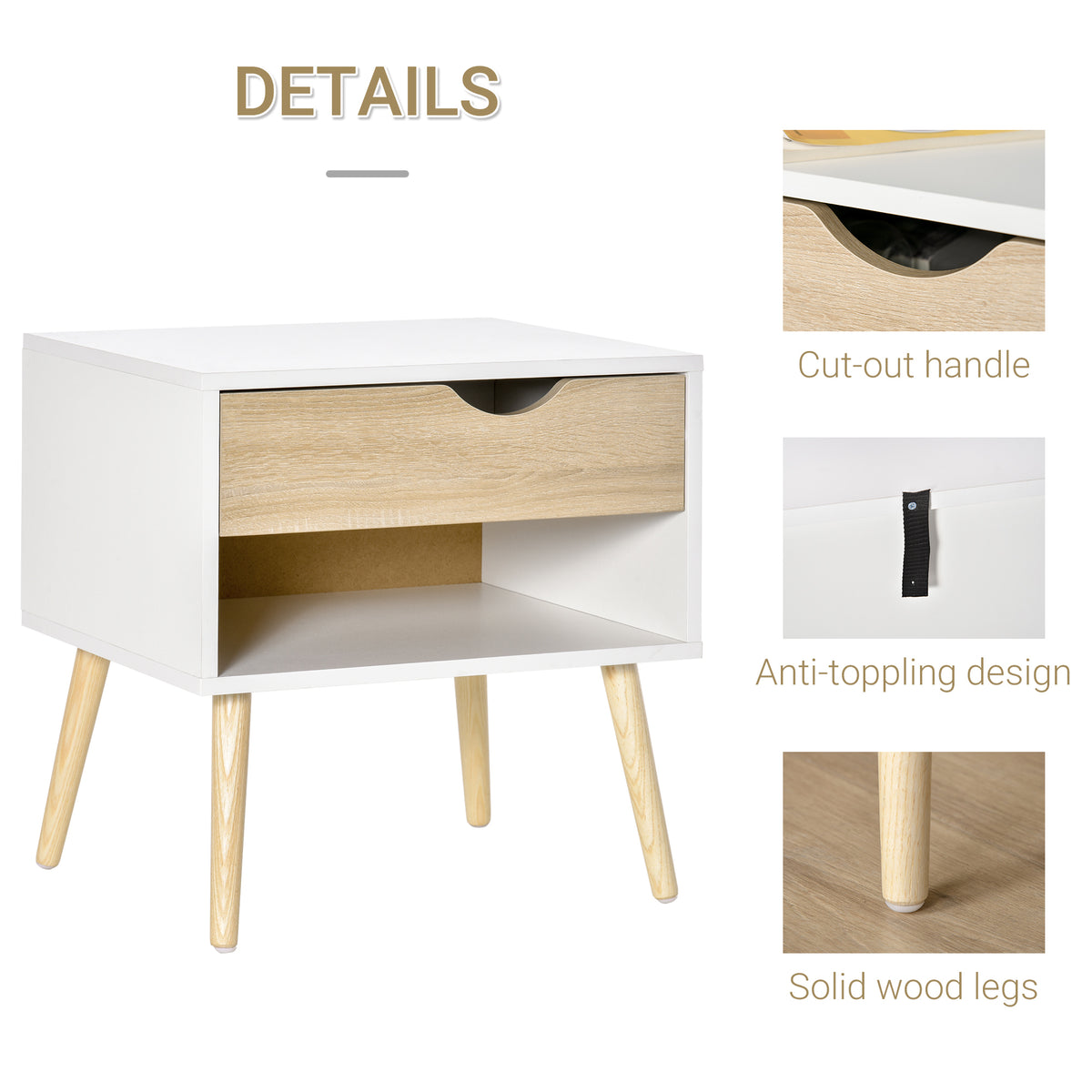 HOMCOM bedside table with cut-out drawer handle, anti-tip strap, and solid wood legs