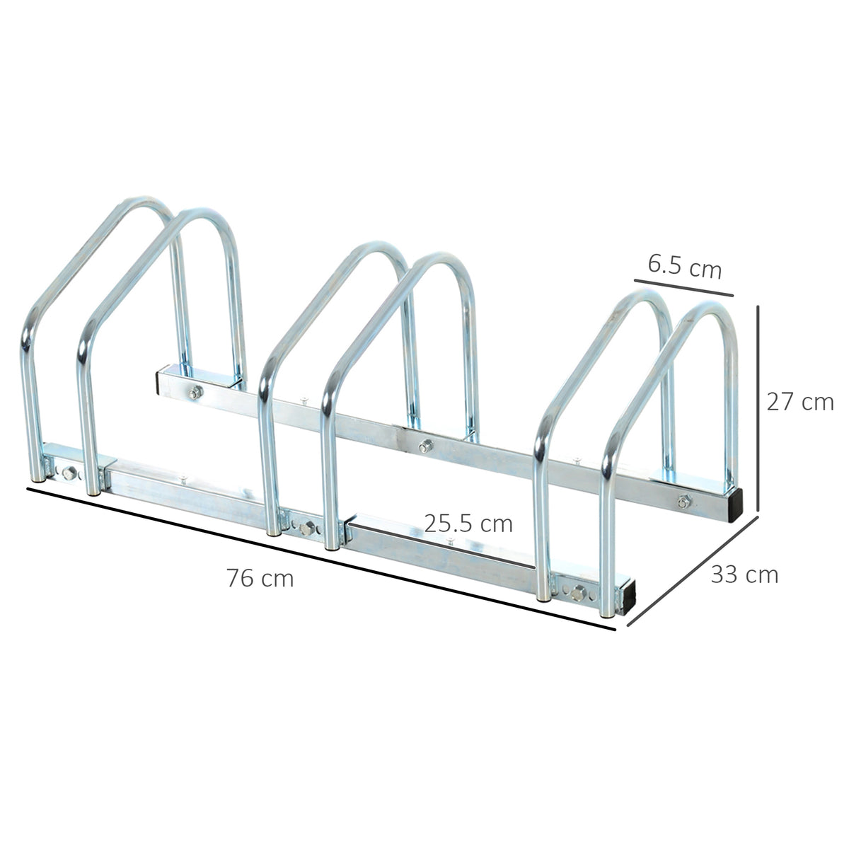 Silver three-bike rack with dimensions marked: 76 by 33 by 27 cm