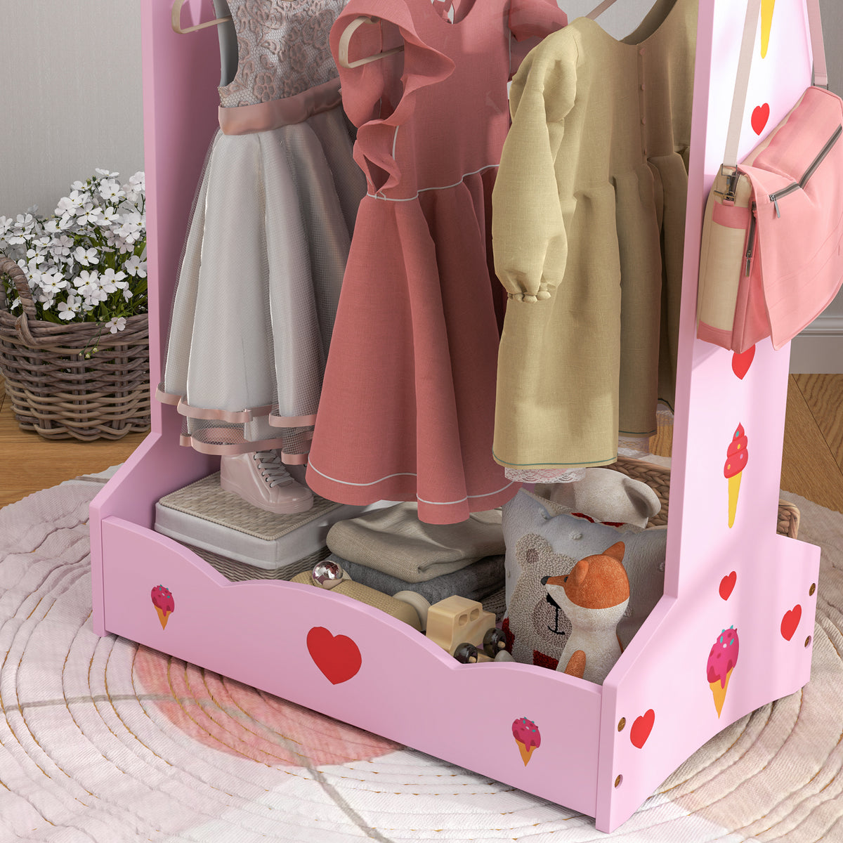 AIYAPLAY Kids Clothes Rail, Kids Dressing Mirror with 360° Rotating, 2 Piece Kids Furniture Set with Storage Shelves, Pink