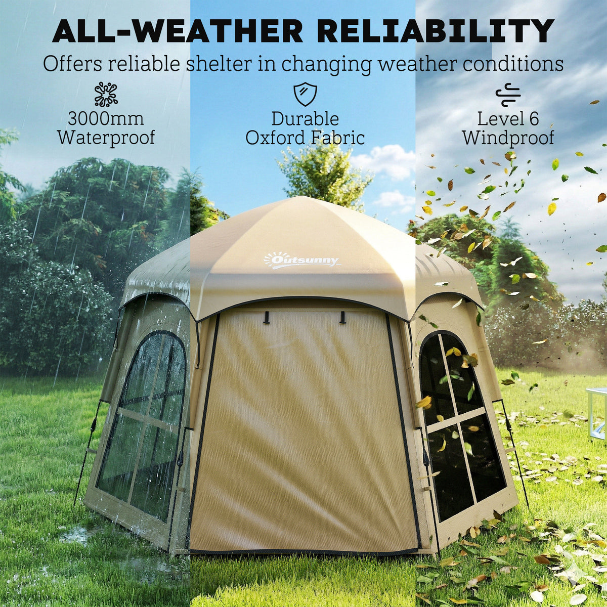 Outsunny Pop Up Tent 3000mm Waterproof Instant Camping Tent 3-4 Person with 2 Doors 4 Windows Khaki