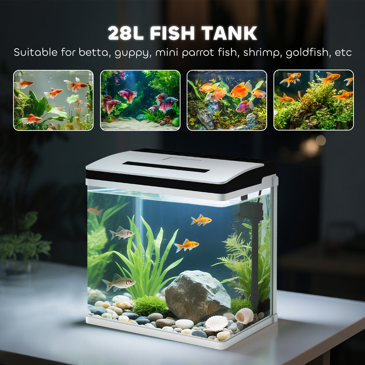 PawHut 28L aquarium with LED lid, filter, aquatic plants, gravel, rocks, and fish