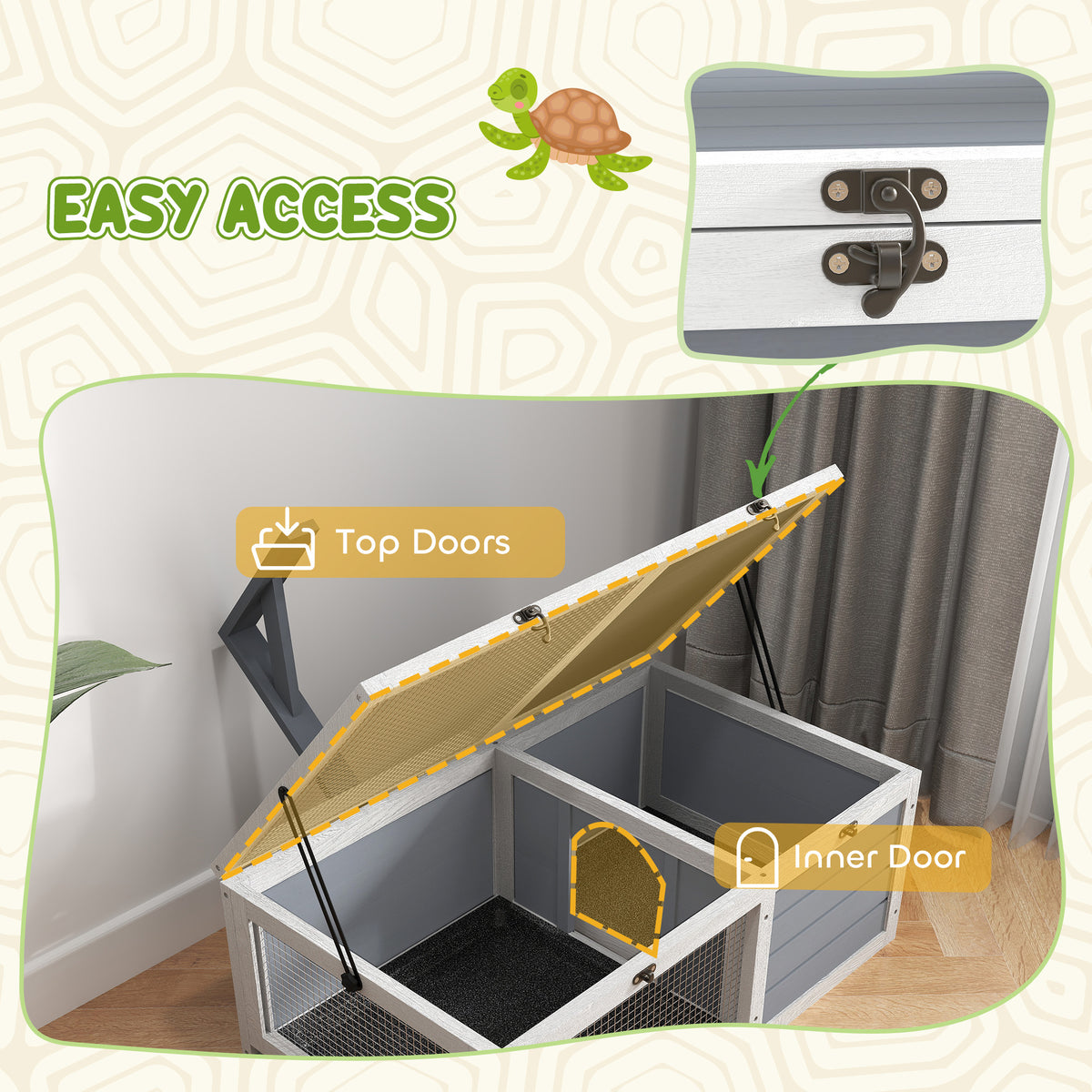 PawHut tortoise enclosure with hinged top doors and an inner door