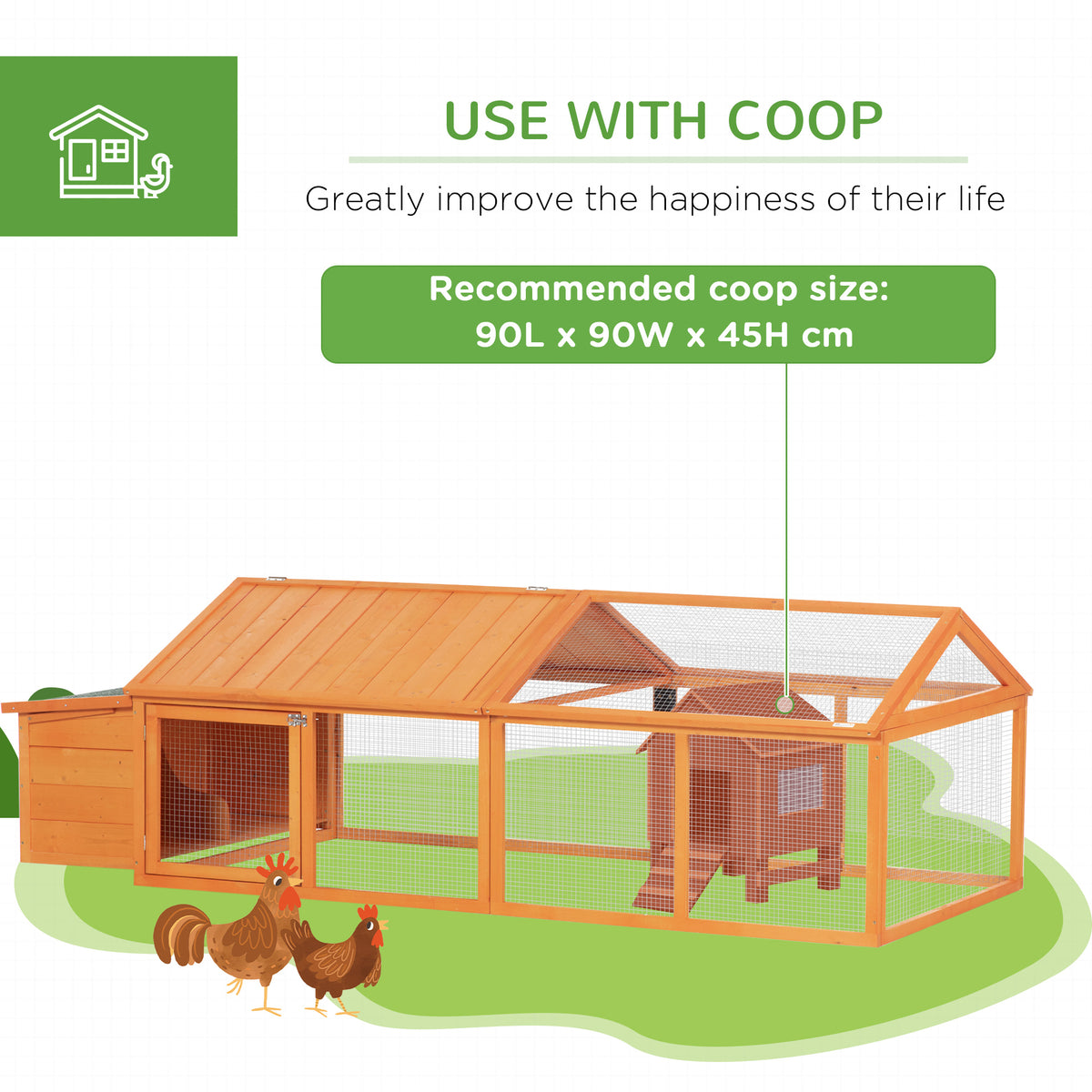 PawHut wooden chicken run attached to a coop, shown with chickens
