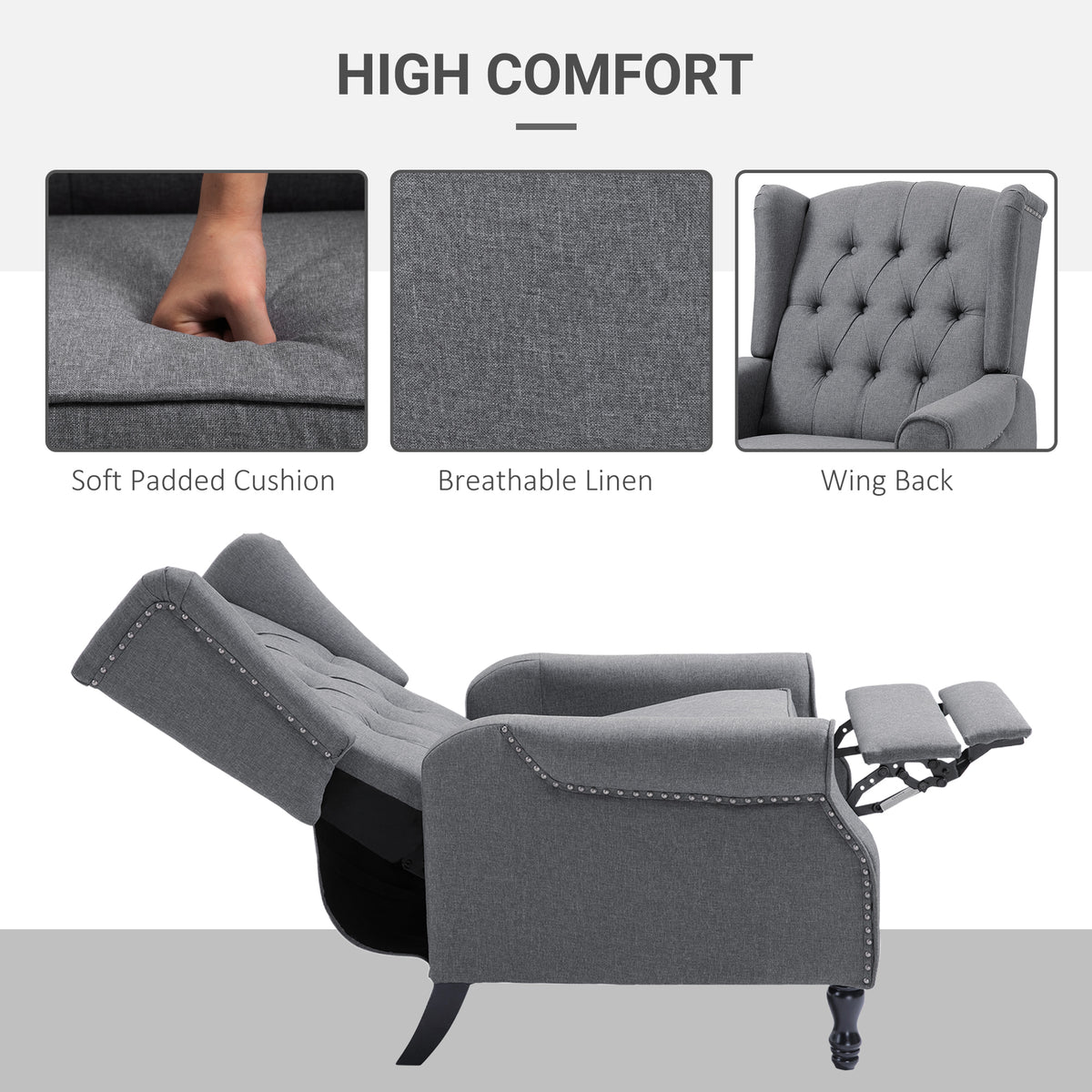 HOMCOM gray linen recliner with padded cushion, button-tufted wingback, and extended footrest