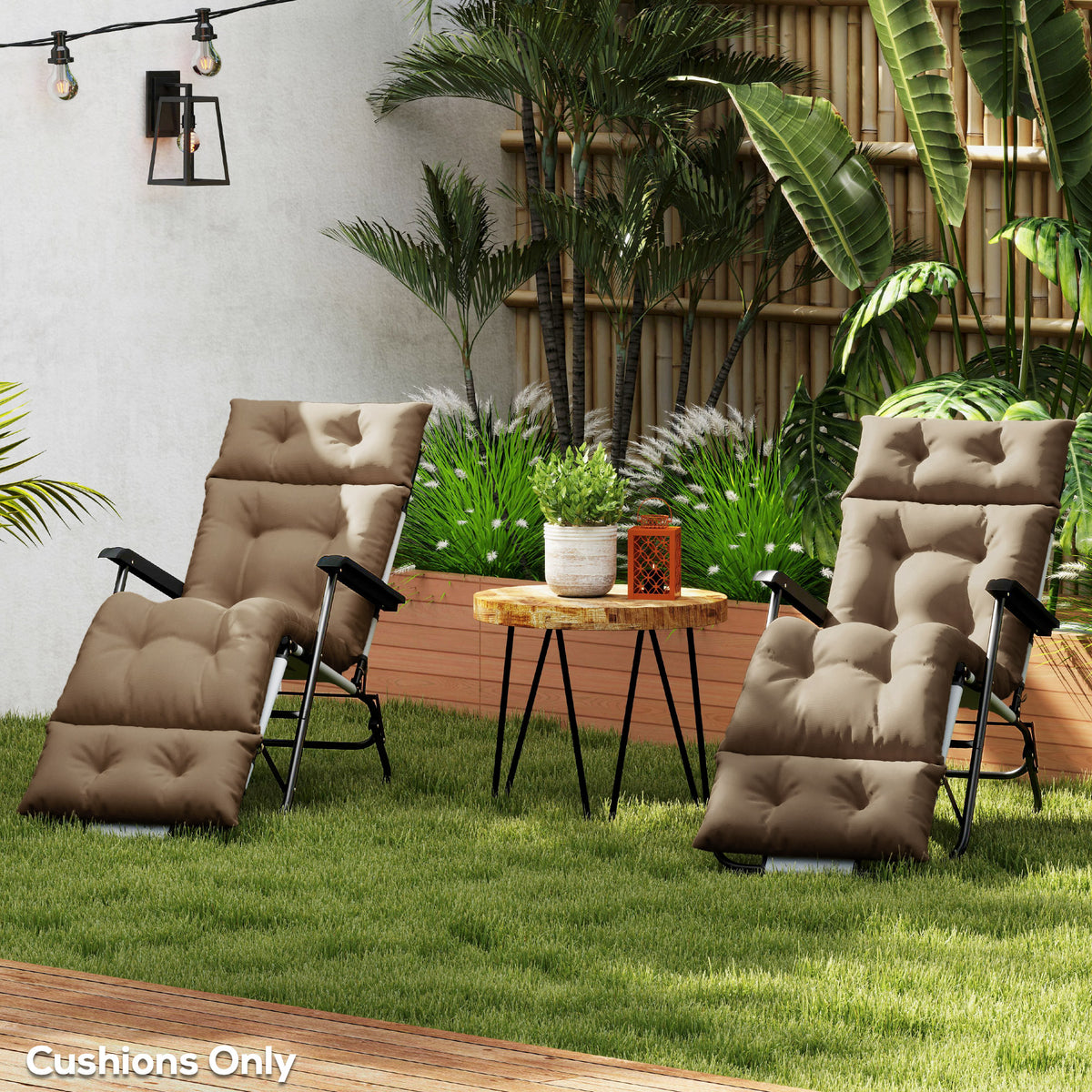 Pair of khaki cushions fitted on sun loungers