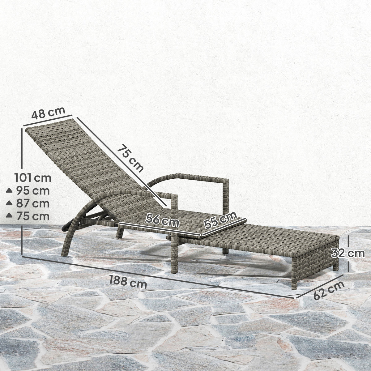 Grey rattan lounger and footrest with dimensions marked