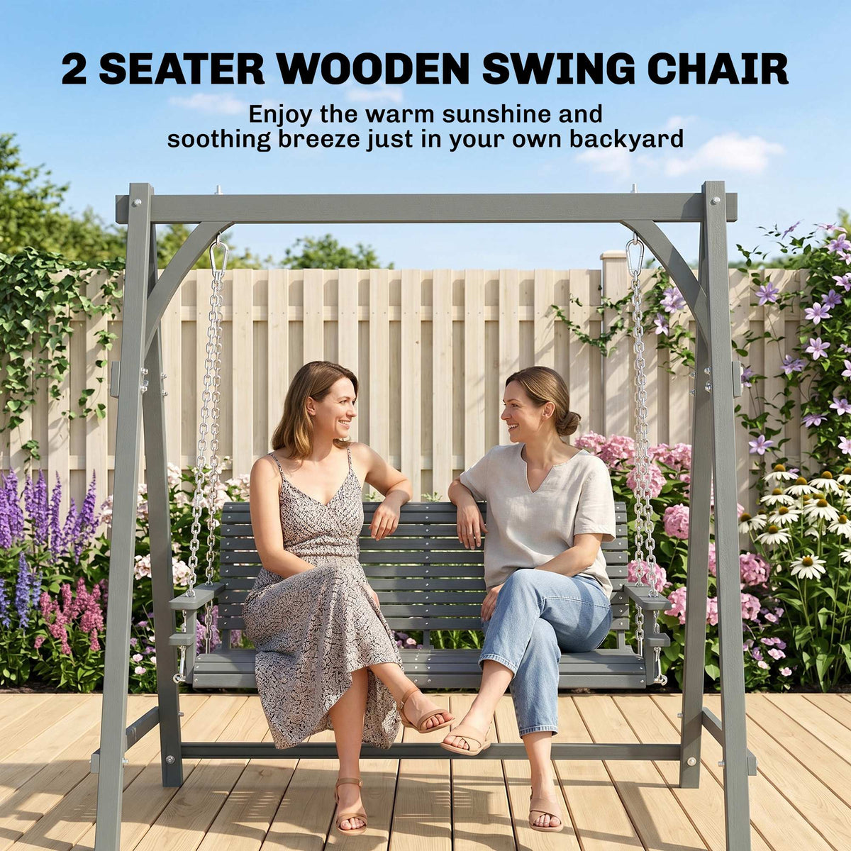 Outsunny gray two-seat wooden garden swing bench shown with two people seated