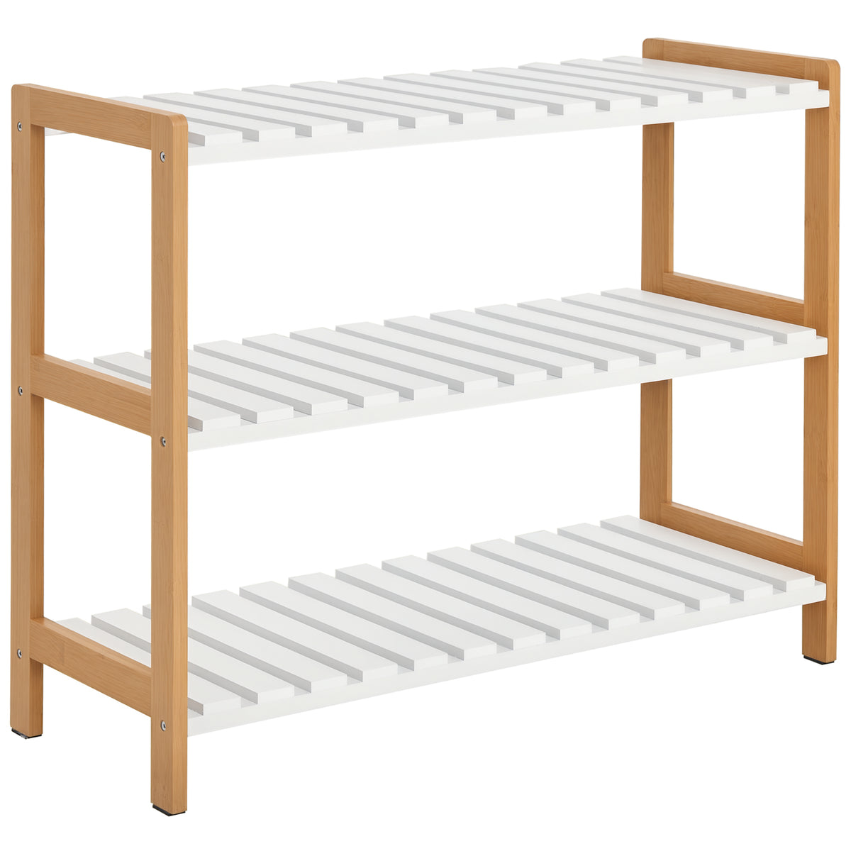 Three-tier shoe rack with natural wood side frames and open white slatted shelves.