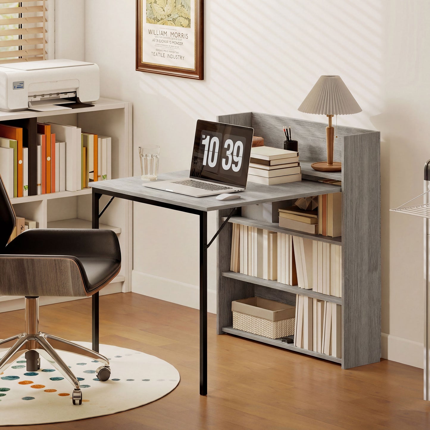 HOMCOM Kitchen Table, Folding Dining Table, with 4-Tier Shelves, Modern Drop-Leaf Table, Grey Wood Effect