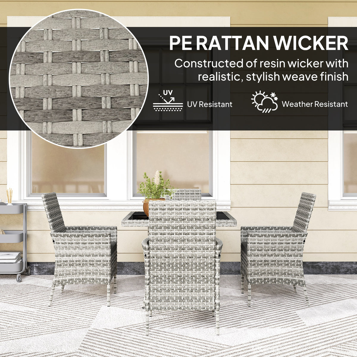 Outsunny gray resin wicker dining set showing woven texture and weather-resistant finish