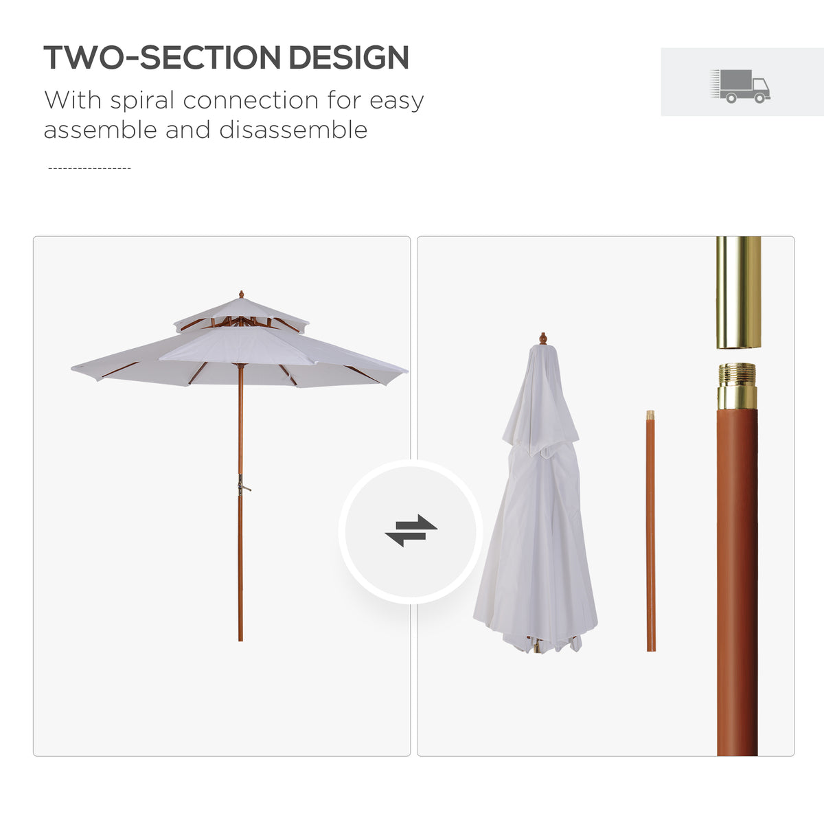 Outsunny parasol shown open and folded, with its two-section wooden pole separated