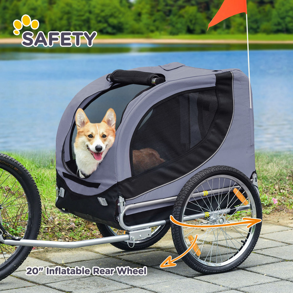PawHut gray and black dog bike trailer with mesh windows, a dog, hitch and inflatable rear wheel