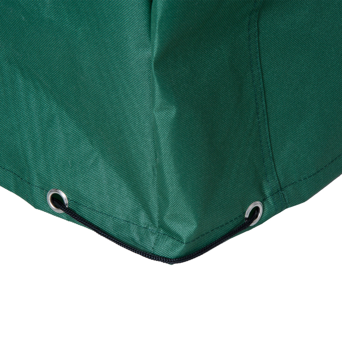 Green furniture cover corner with metal eyelets and a black drawcord