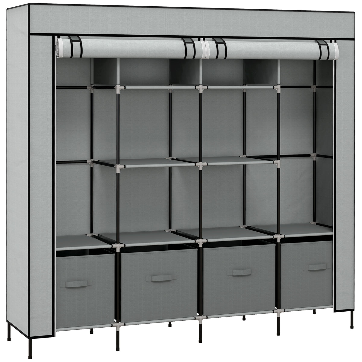 Open dark gray fabric wardrobe with two hanging rails, multiple shelves, and four drawers