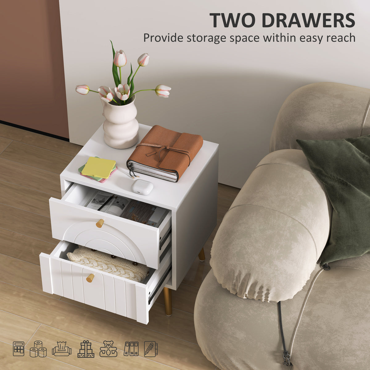 White bedside table with two open drawers, gold knobs, and arched embossed fronts