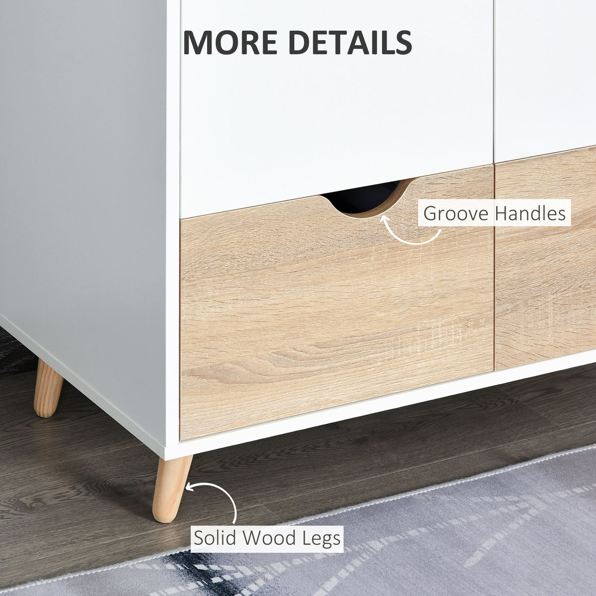 Wardrobe detail showing wood-effect drawer fronts, recessed handles, and solid wood legs.