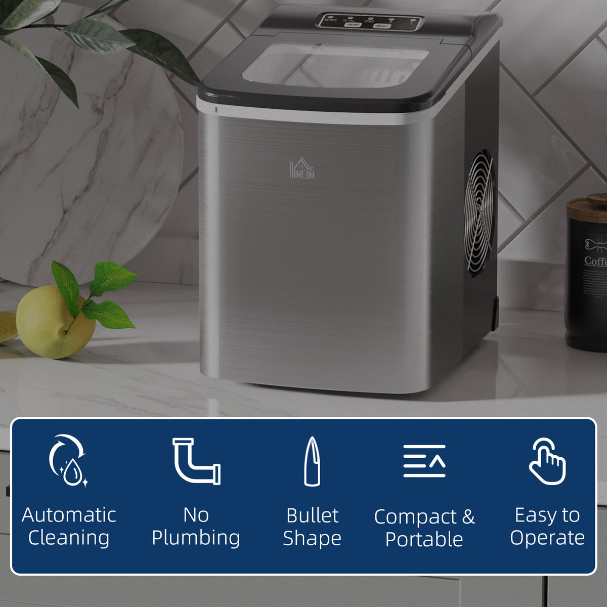 HOMCOM stainless steel ice maker with black top and side ventilation fan