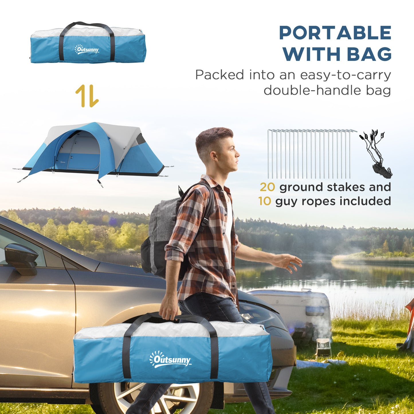 Outsunny 3000mm Waterproof Camping Tent for 7 Man, Family Tent with Porch and Sewn in Groundsheet, Portable with Bag, Blue