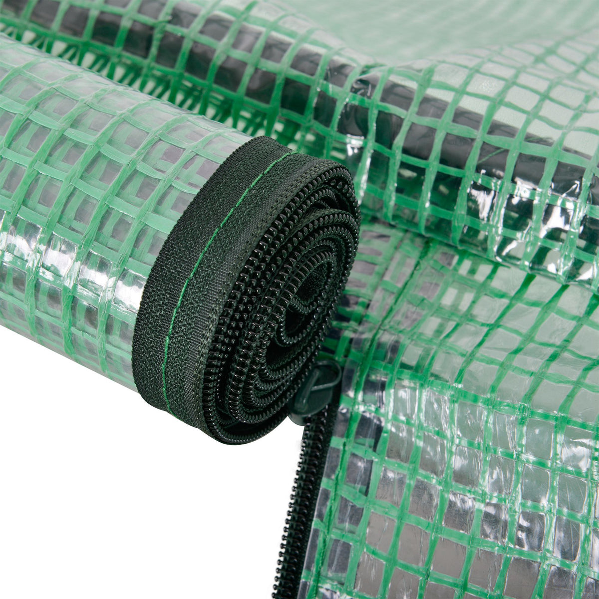 Green tunnel greenhouse cover with a black zipper and fastening strap