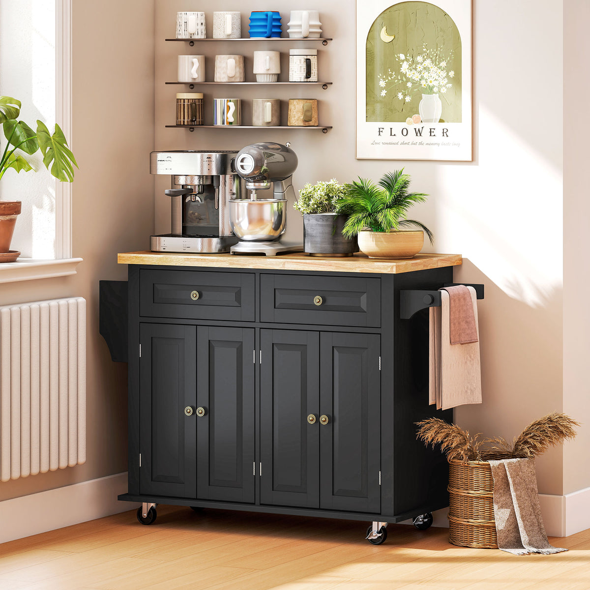 Black kitchen island with rubberwood top, drawers, cabinets and caster wheels in a kitchen