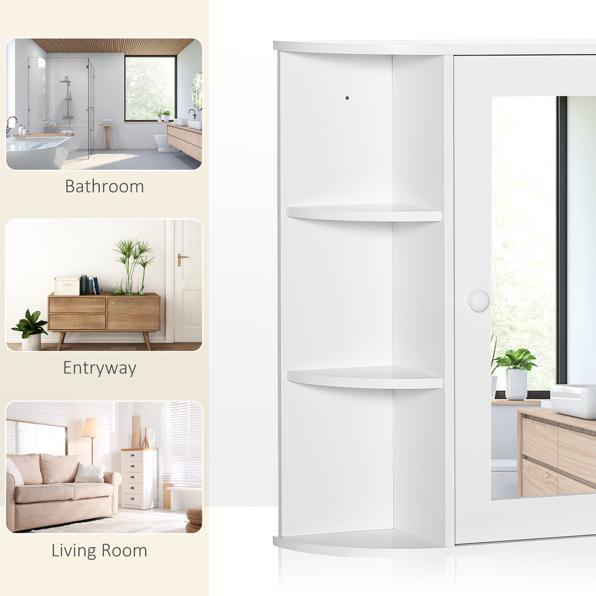White wall cabinet with mirrored door and two open curved side shelves