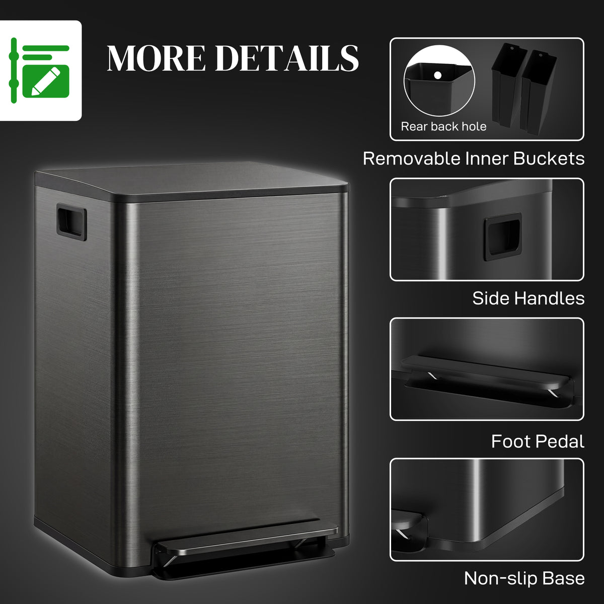 Stainless steel bin with removable inner buckets, side handles, foot pedal, and non-slip base