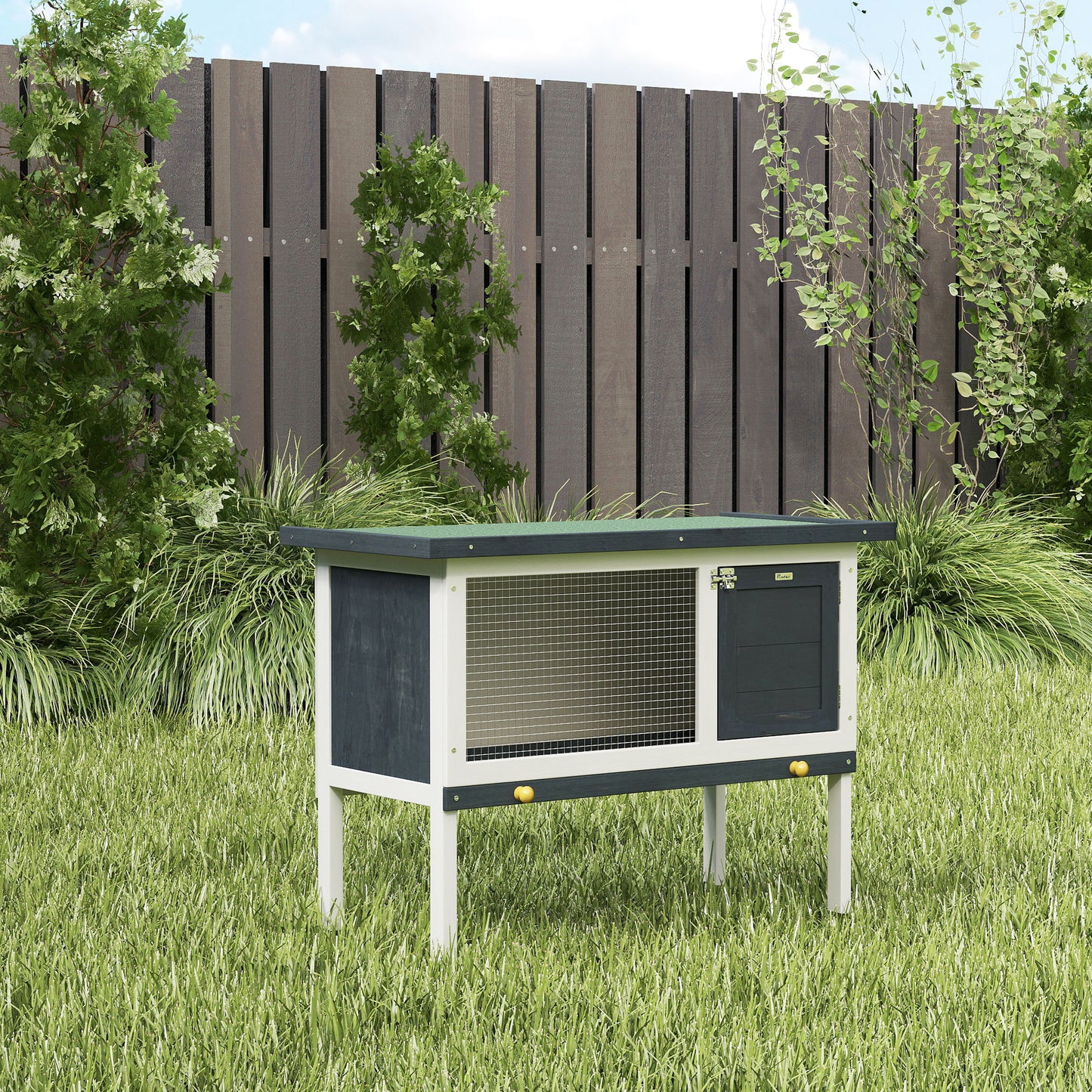 PawHut Wooden Rabbit Hutch Guinea Pig Hutch Bunny Cage Small Animal Habitat Openable Asphalt Roof for Outdoor Use 90 x 45 x 65 cm