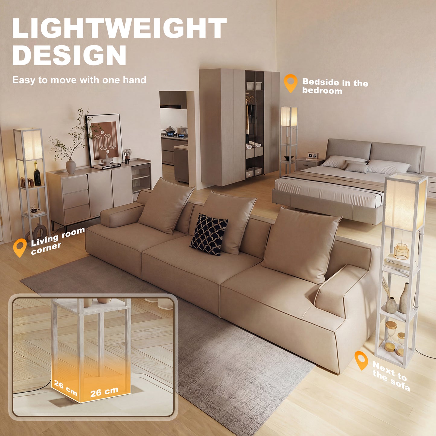 HOMCOM 3-Tier Floor Lamp with Shelves and Storage, Modern Corner Standing Lamp with Lampshade, Reading Light with Foot Switch for Living Room, Bedroom, Home Office, Bulb not Included, Oak