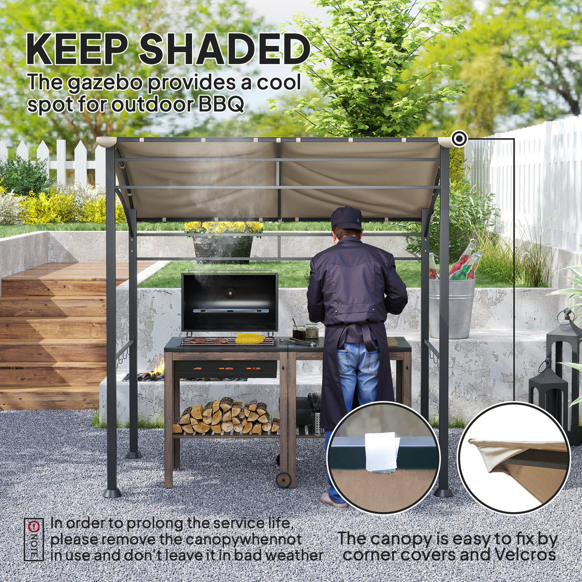 Outsunny BBQ gazebo shading a grill, with corner canopy fasteners