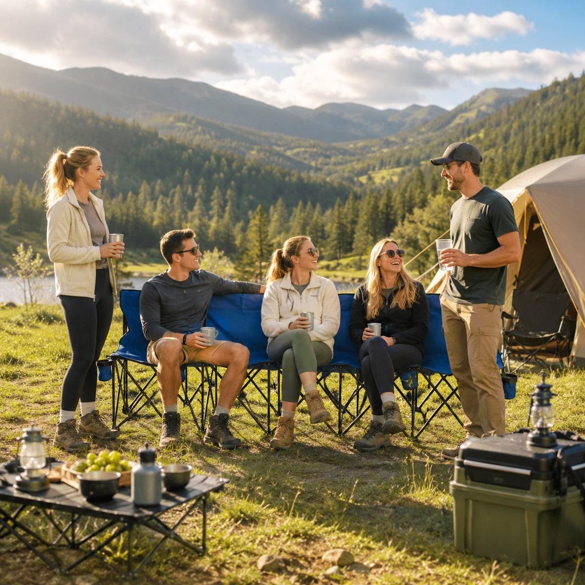 Blue six-seat folding camping chair with several people seated along its bench
