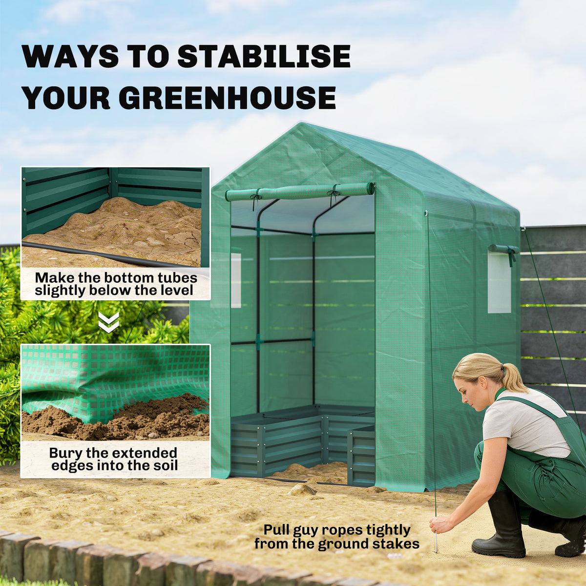 Outsunny Small Greenhouse with Raised Garden Bed, Galvanised Walk-in Greenhouse with Roll Up Windows, 141 x 141 x 190 cm, Green