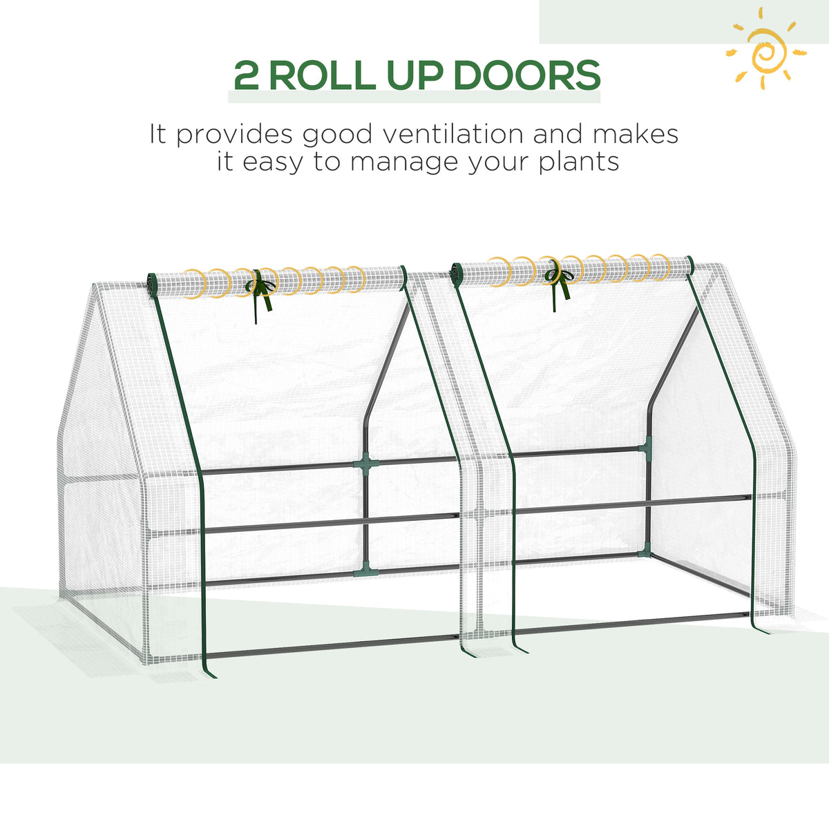 Mini greenhouse with two roll-up doors tied open for ventilation