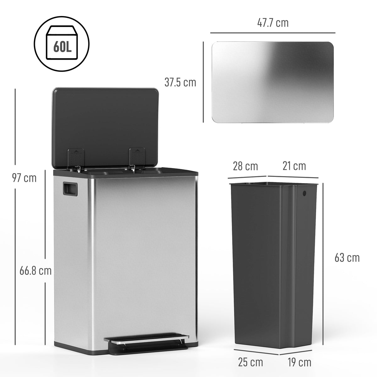HOMCOM 60L dual-compartment bin shown open with inner buckets and dimensions